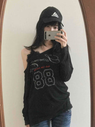 88 Lettering Beads Off-Shoulder Loose Fit Long Sleeve Tee