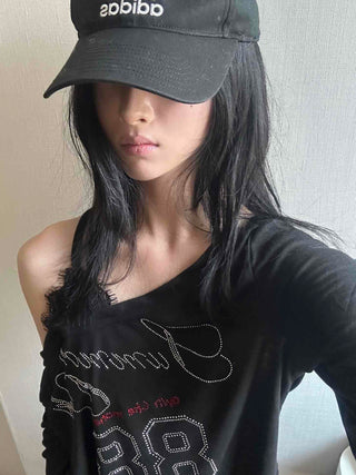88 Lettering Beads Off-Shoulder Loose Fit Long Sleeve Tee