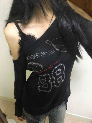 88 Lettering Beads Off-Shoulder Loose Fit Long Sleeve Tee
