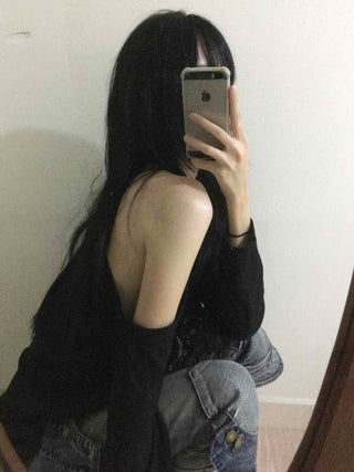 88 Lettering Beads Off-Shoulder Loose Fit Long Sleeve Tee