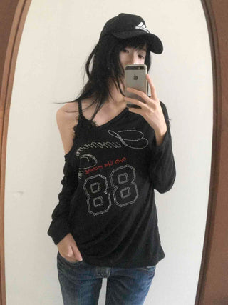 88 Lettering Beads Off-Shoulder Loose Fit Long Sleeve Tee