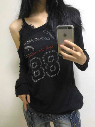 88 Lettering Beads Off-Shoulder Loose Fit Long Sleeve Tee