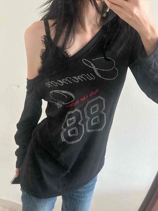 88 Lettering Beads Off-Shoulder Loose Fit Long Sleeve Tee
