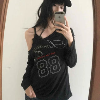 88 Lettering Beads Off-Shoulder Loose Fit Long Sleeve Tee