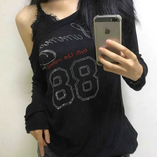 88 Lettering Beads Off-Shoulder Loose Fit Long Sleeve Tee