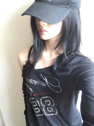 88 Lettering Beads Off-Shoulder Loose Fit Long Sleeve Tee