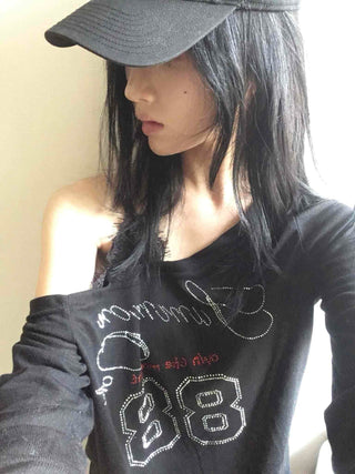 88 Lettering Beads Off-Shoulder Loose Fit Long Sleeve Tee