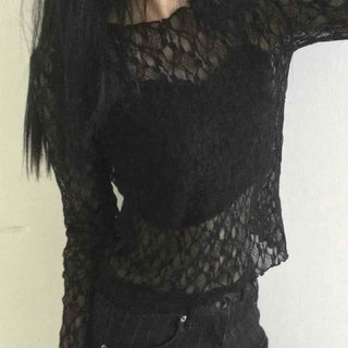 Gothic Crochet Mesh See-through Crop Long Sleeve T-shirt