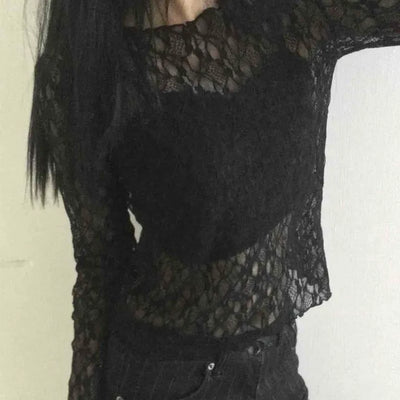Gothic Crochet Mesh See-through Crop Long Sleeve T-shirt