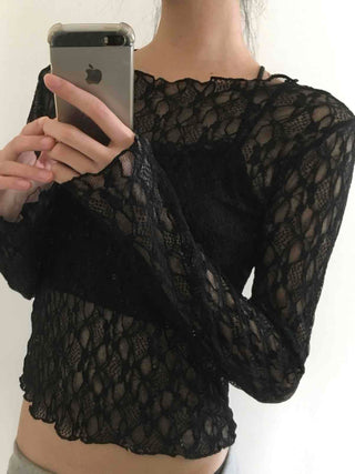 Gothic Crochet Mesh See-through Crop Long Sleeve T-shirt