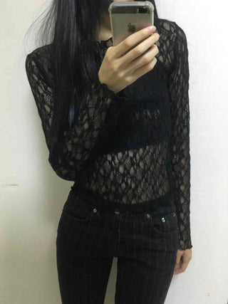 Gothic Crochet Mesh See-through Crop Long Sleeve T-shirt