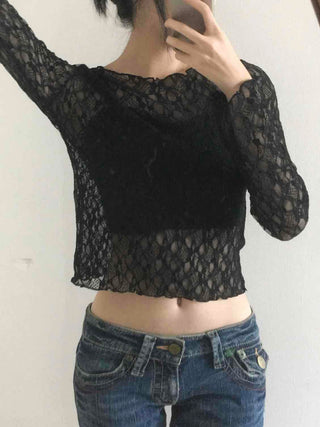 Gothic Crochet Mesh See-through Crop Long Sleeve T-shirt