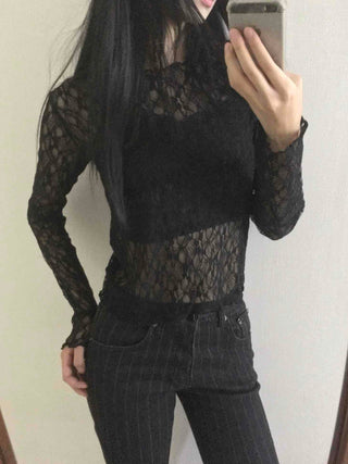 Gothic Crochet Mesh See-through Crop Long Sleeve T-shirt