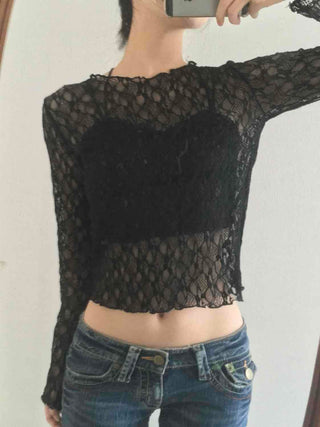 Gothic Crochet Mesh See-through Crop Long Sleeve T-shirt
