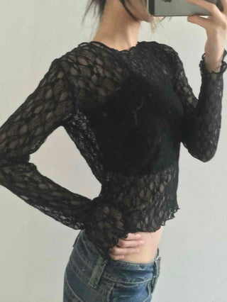 Gothic Crochet Mesh See-through Crop Long Sleeve T-shirt