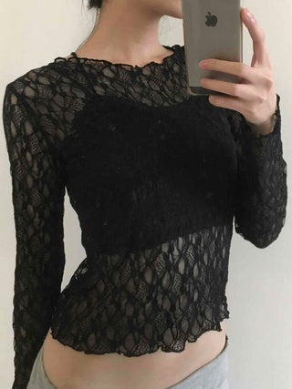 Gothic Crochet Mesh See-through Crop Long Sleeve T-shirt
