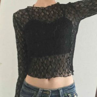 Gothic Crochet Mesh See-through Crop Long Sleeve T-shirt