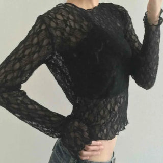 Gothic Crochet Mesh See-through Crop Long Sleeve T-shirt