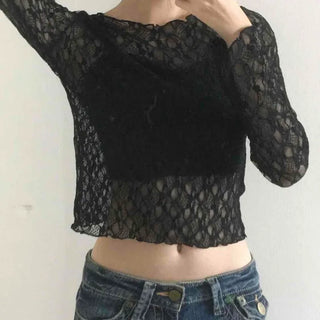 Gothic Crochet Mesh See-through Crop Long Sleeve T-shirt