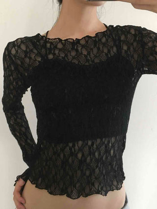 Gothic Crochet Mesh See-through Crop Long Sleeve T-shirt