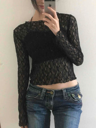 Gothic Crochet Mesh See-through Crop Long Sleeve T-shirt