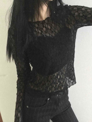 Gothic Crochet Mesh See-through Crop Long Sleeve T-shirt