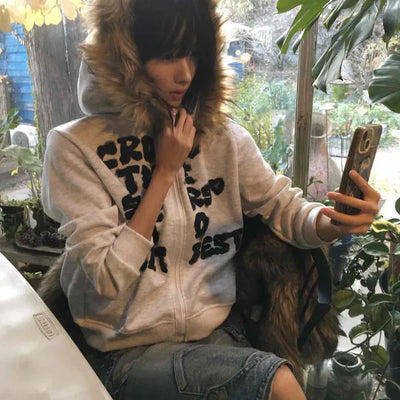 Street Lettering Fur Zip-up Hoodie