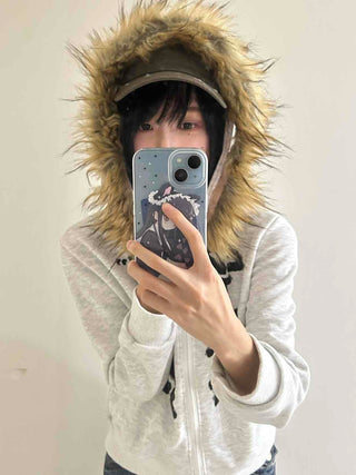 Street Lettering Fur Zip-up Hoodie