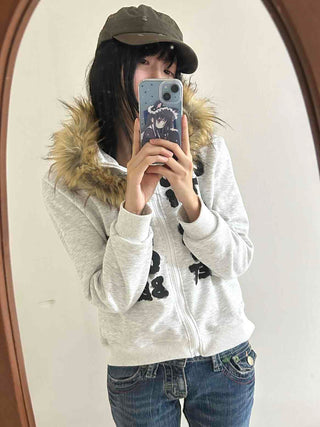 Street Lettering Fur Zip-up Hoodie