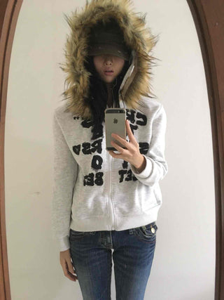 Street Lettering Fur Zip-up Hoodie