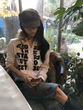 Street Lettering Fur Zip-up Hoodie