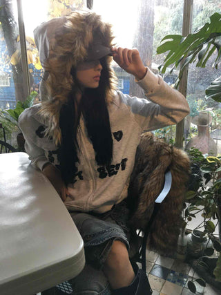 Street Lettering Fur Zip-up Hoodie