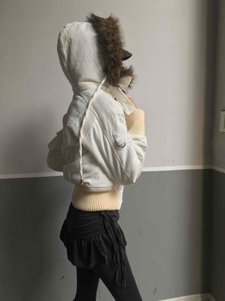 Winter Raccoon Hooded Suede Short Padded Jumper