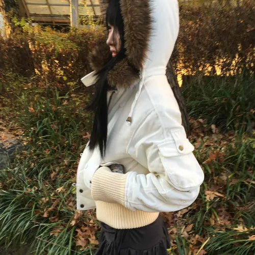 Winter Raccoon Hooded Suede Short Padded Jumper