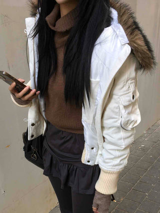 Winter Raccoon Hooded Suede Short Padded Jumper