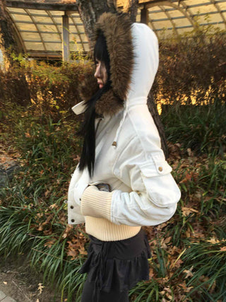 Winter Raccoon Hooded Suede Short Padded Jumper