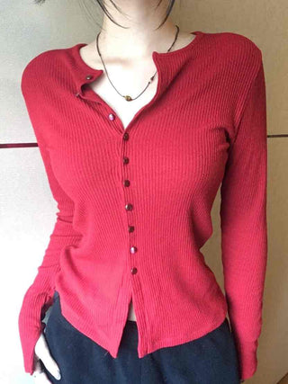 Shirred Round Neck Slim Fit Crop Knit Cardigan