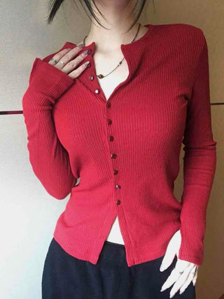 Shirred Round Neck Slim Fit Crop Knit Cardigan