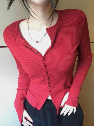 Shirred Round Neck Slim Fit Crop Knit Cardigan