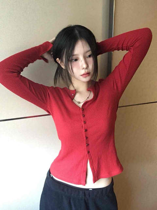 Shirred Round Neck Slim Fit Crop Knit Cardigan