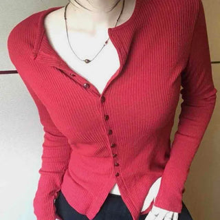 Shirred Round Neck Slim Fit Crop Knit Cardigan