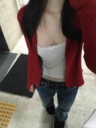 Shirred Round Neck Slim Fit Crop Knit Cardigan