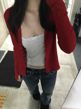 Shirred Round Neck Slim Fit Crop Knit Cardigan