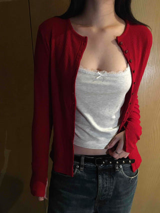 Shirred Round Neck Slim Fit Crop Knit Cardigan