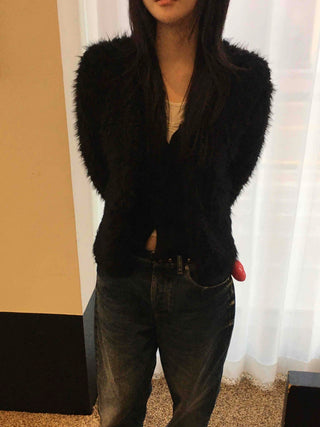 Shaggy Fur Hook Crop Short Bolero Cardigan