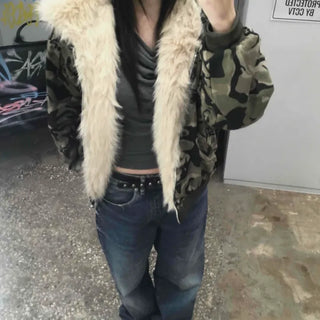 Real Raccoon Fur Camouflage Short Padded Jumper