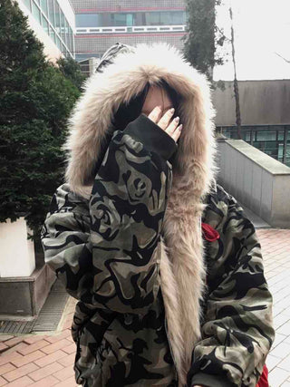 Real Raccoon Fur Camouflage Short Padded Jumper