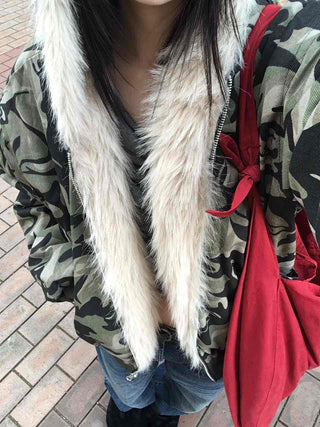 Real Raccoon Fur Camouflage Short Padded Jumper