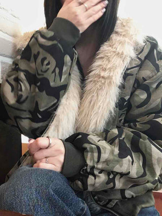 Real Raccoon Fur Camouflage Short Padded Jumper