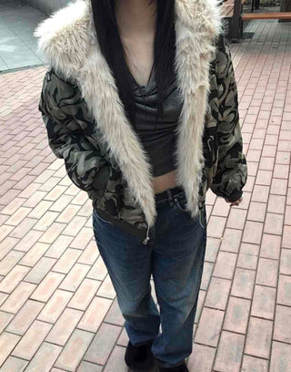 Real Raccoon Fur Camouflage Short Padded Jumper
